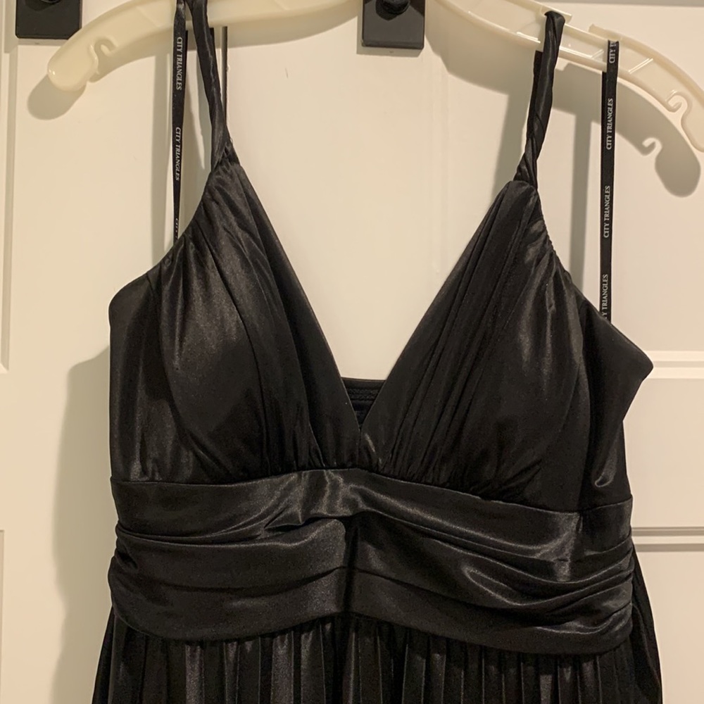 Black City Triangles floor length satin gown with waist tie